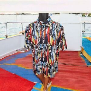 BASSIRI MEN'S CASUAL ABSTRACT SHORT SLEEVE SHIRT.ROYAL RED GOLD NAVY WHITE. 1033